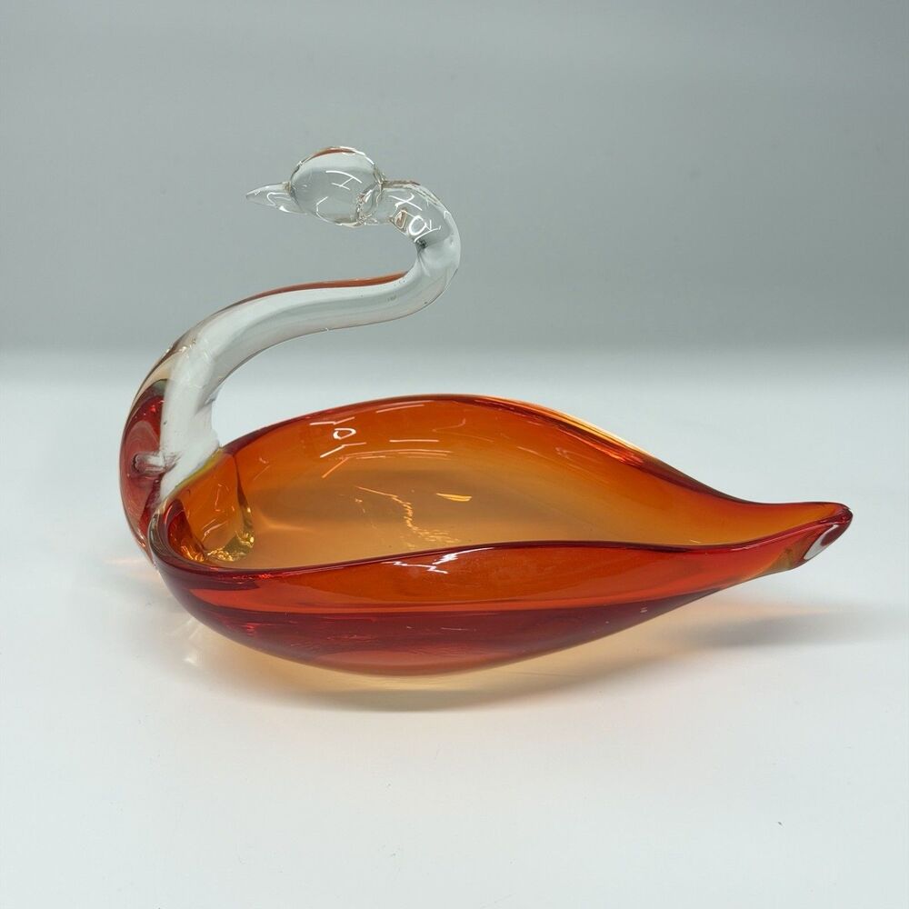 Vtg Duncan & Miller Pall Mall Red Orange Art Glass Swan Bowl Clear Neck 7”